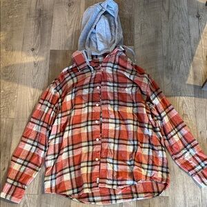 American Eagle Red Plaid Button-Up Shirt with Gray Hood
